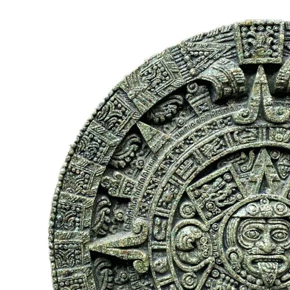 MCM Aztec Sun Stone Calendar-Marked Original Zarebski Crushed Green Stone 11.5"